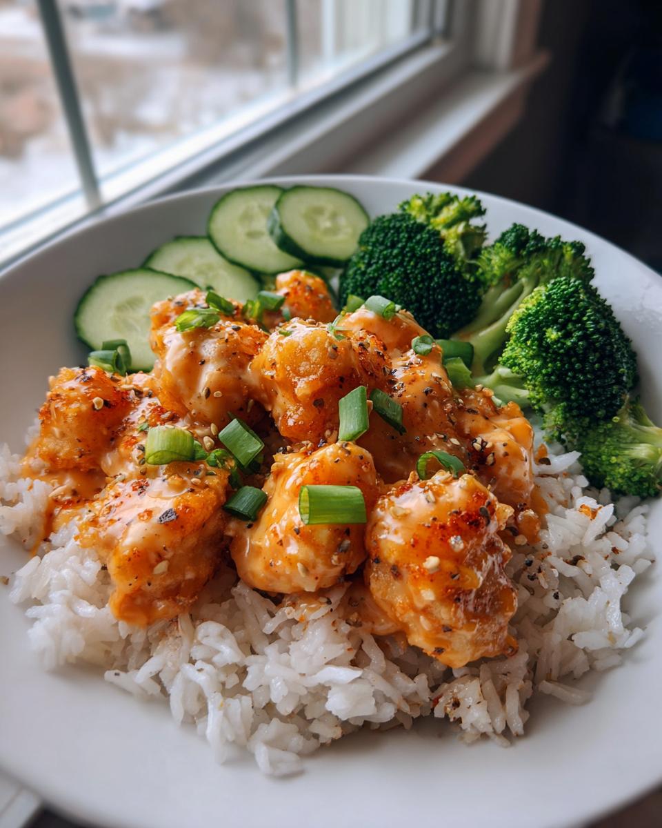 Close-up of a Bang Bang Chicken bowl featuring crispy chicken coated in sauce over white rice, served with steamed broccoli and cucumber slices.