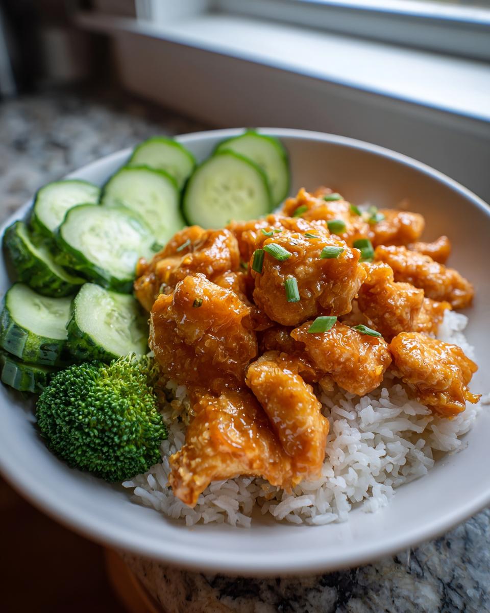A close-up of a white bowl filled with white rice topped with saucy Bang Bang Chicken, sliced cucumbers, and broccoli.
