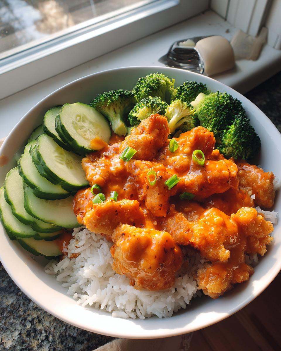 A white bowl filled with white rice topped with crispy Bang Bang Chicken coated in orange sauce, steamed broccoli, and sliced cucumbers.