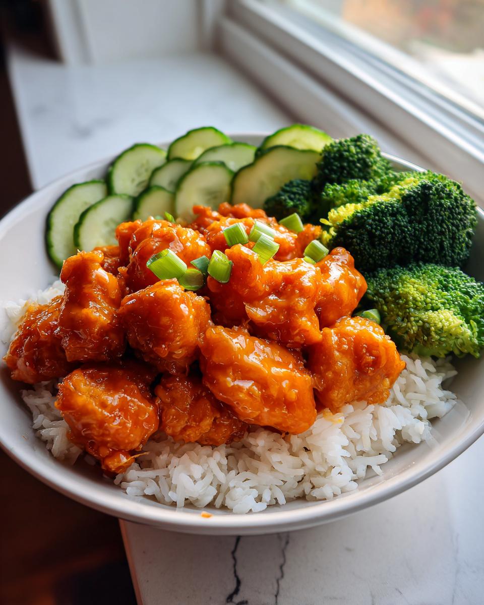 A close-up of a Bang Bang Chicken bowl featuring saucy chicken over white rice, served with steamed broccoli and sliced cucumbers.