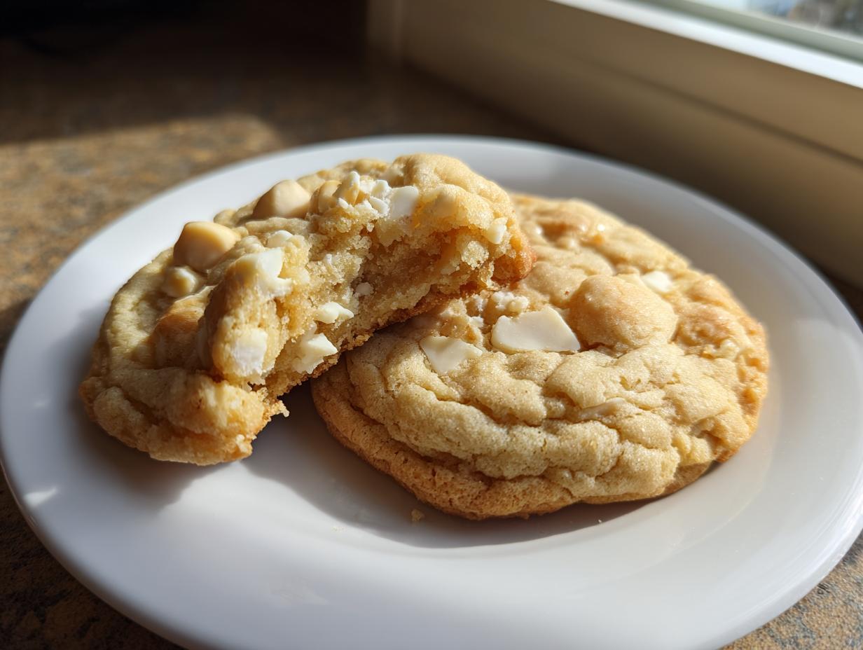 Two soft, golden macadamia nut cookies on a white plate, one broken open showing the chewy interior.