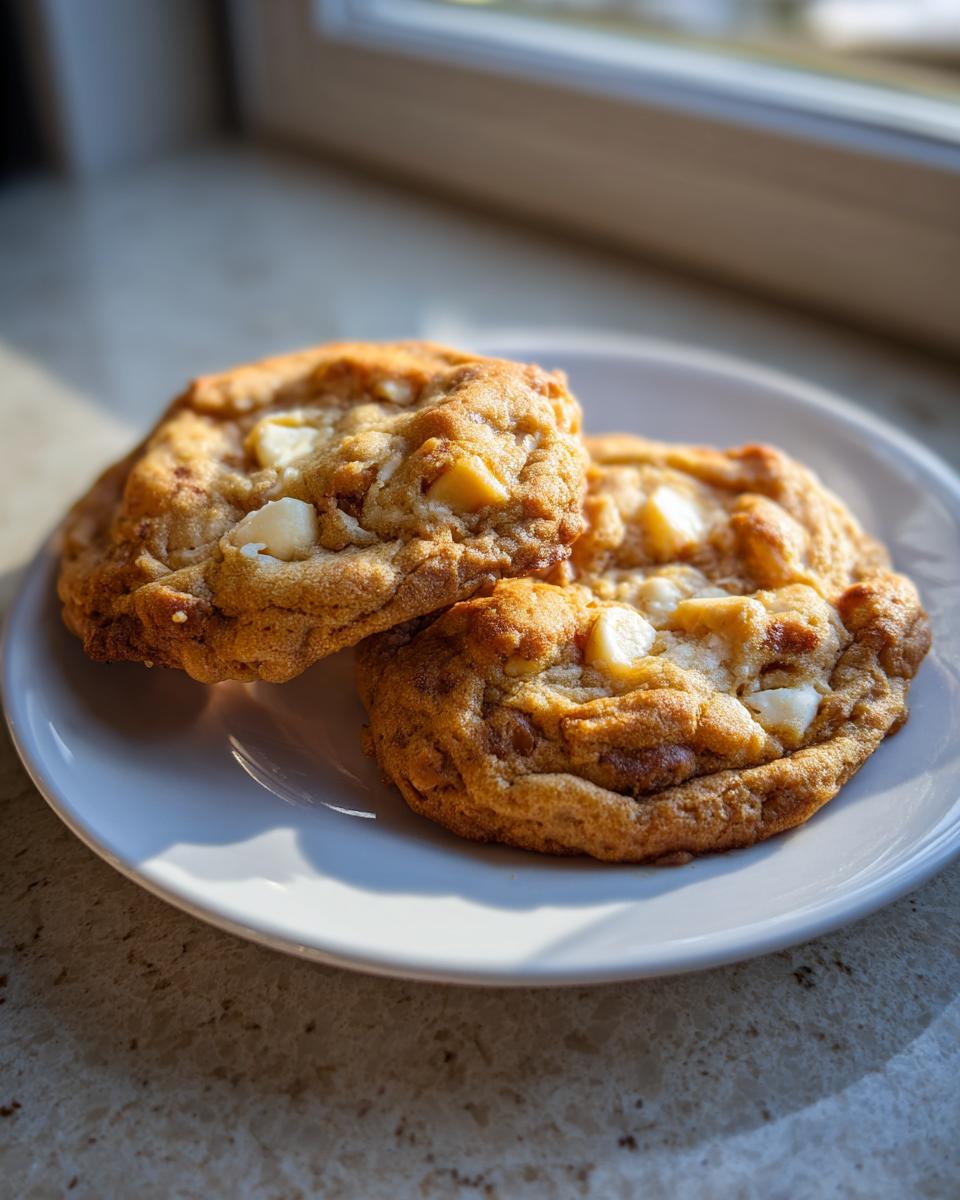 Two golden brown macadamia nut cookies studded with white chocolate chunks resting on a white plate.