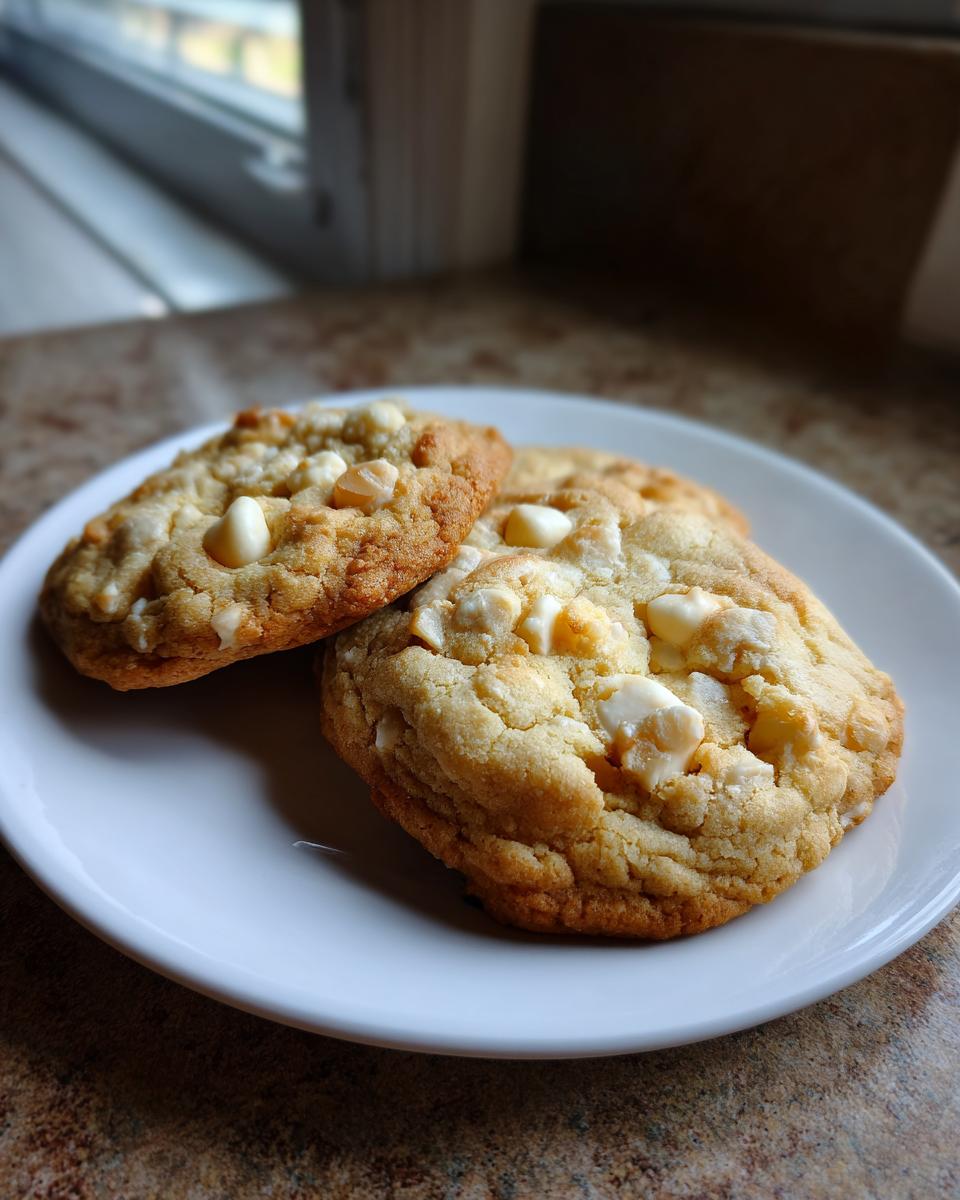 Close-up of three freshly baked macadamia nut cookies with white chocolate chips on a small white plate.