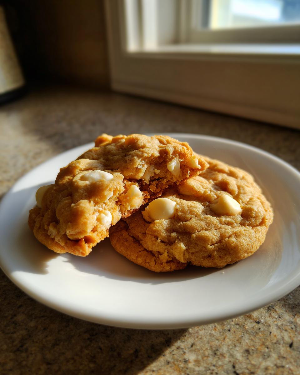 Close-up of two chewy macadamia nut cookies, one broken open, showing white chocolate chips.