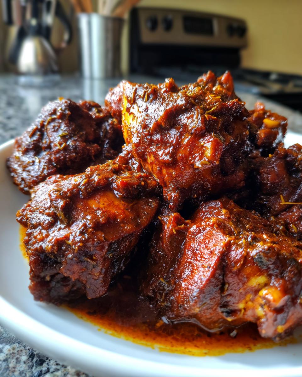 Close-up of several pieces of richly colored brown stew chicken coated in a thick, savory sauce.
