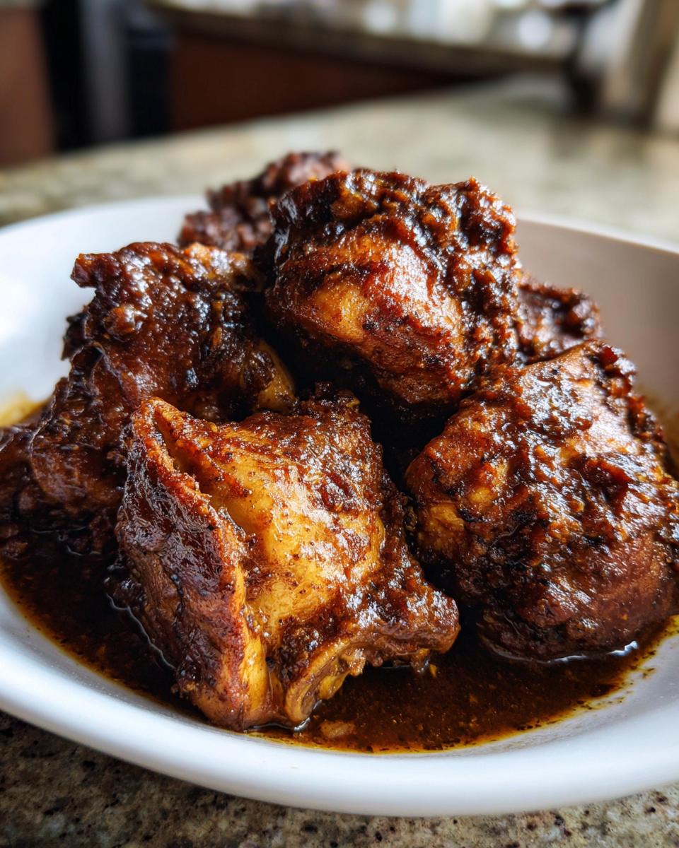 Close-up of several pieces of deeply colored, rich brown stew chicken coated in thick sauce.