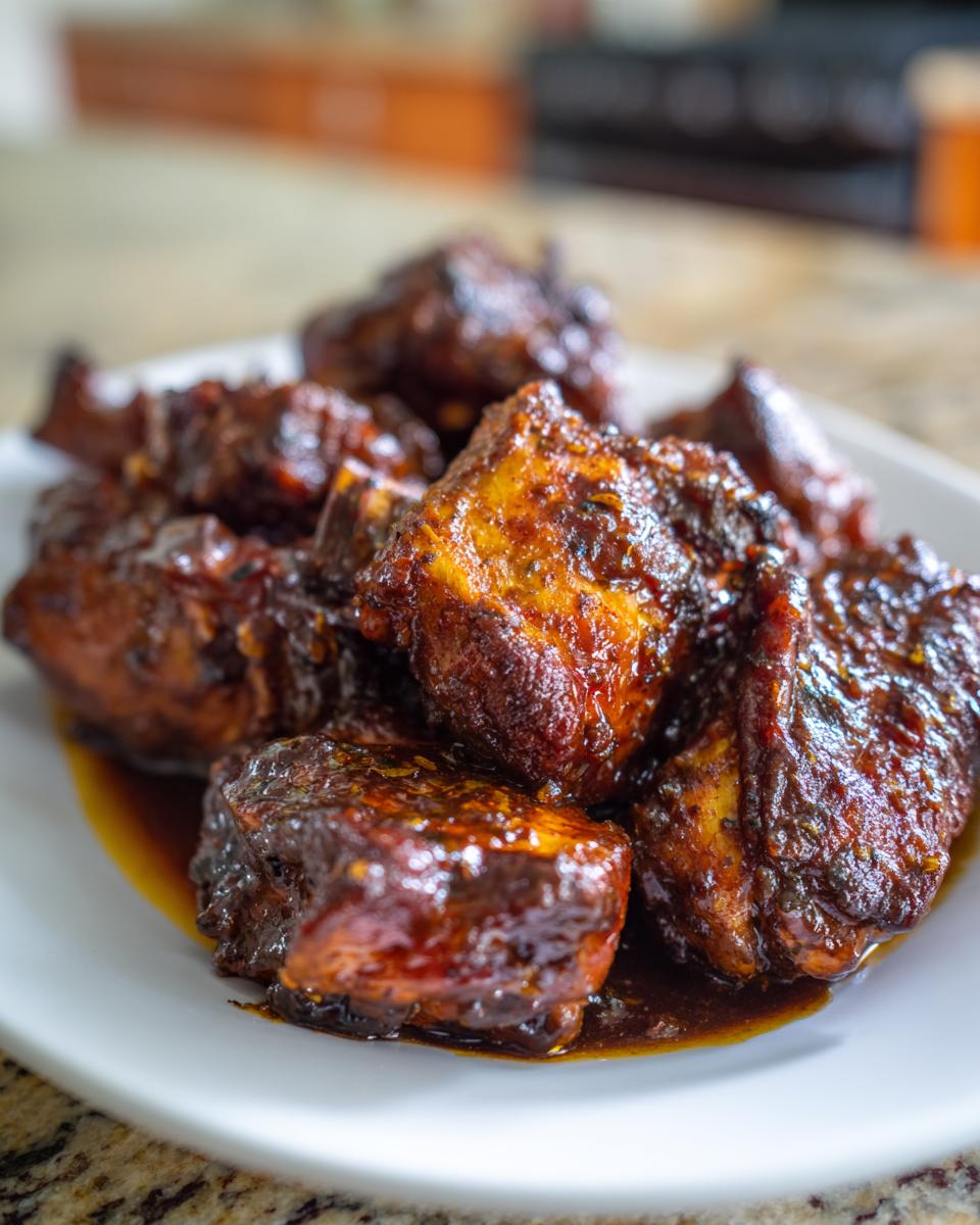 Close-up of several pieces of glossy, dark brown stew chicken coated in a rich sauce.