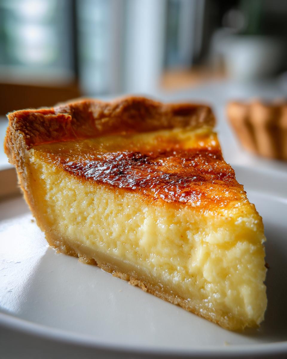 A close-up slice of creamy buttermilk pie showing a golden, slightly caramelized top and flaky crust.