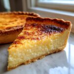 A close-up slice of amazing buttermilk pie showing the creamy filling and deeply caramelized top crust.