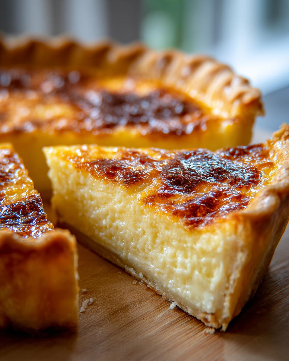 Close-up of a slice of creamy buttermilk pie showing the golden, slightly caramelized top crust.