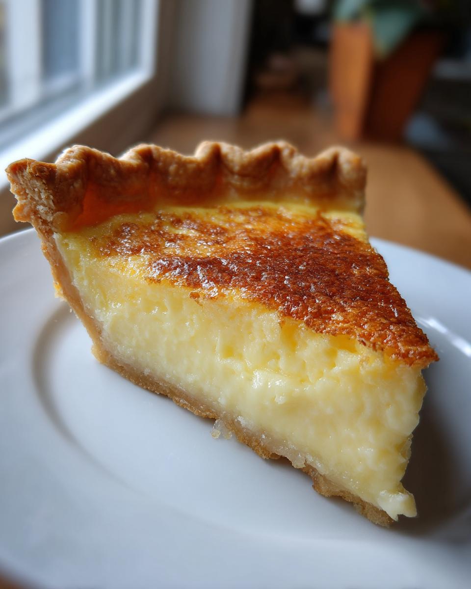 A close-up of a perfect slice of buttermilk pie showing the creamy yellow filling and golden-brown top.