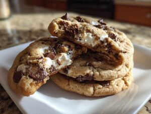 A stack of soft, thick cheesecake cookies filled with melted marshmallow and chocolate chips, one cookie broken open.