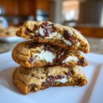Three halves of thick cheesecake cookies stacked, showing melted chocolate chips and creamy white cheesecake filling.