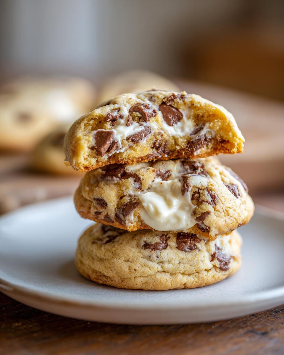 Stack of three soft, thick cheesecake cookies filled with melted white chocolate filling and chocolate chips.