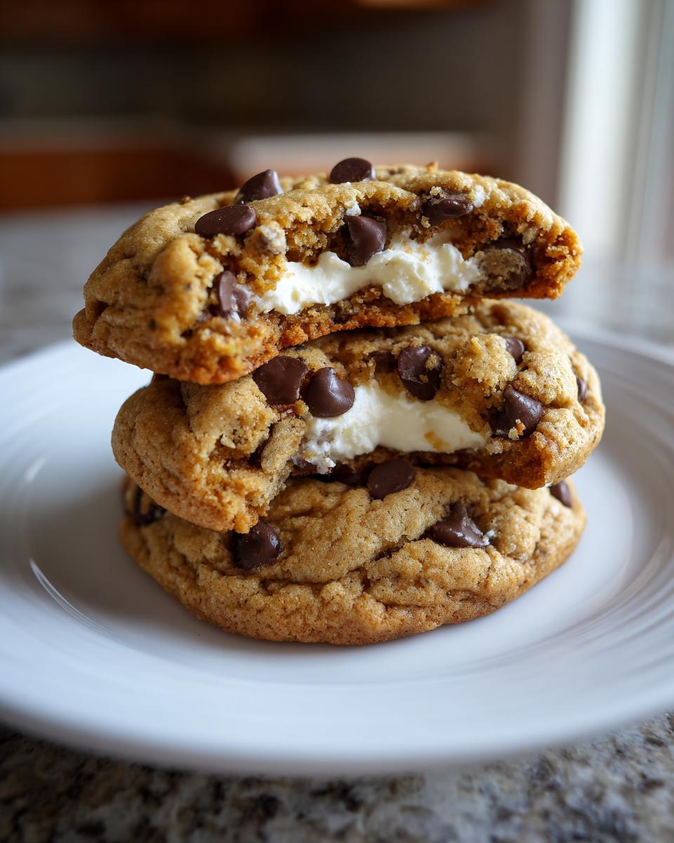 A stack of three chocolate chip cookies, with the top two cut in half revealing a creamy white cheesecake filling. These are amazing cheesecake cookies.