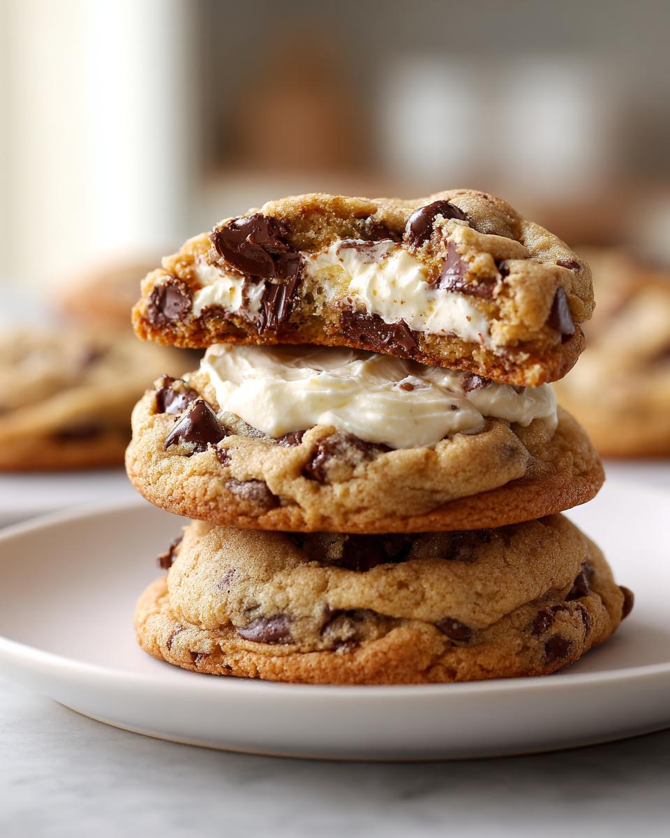 A stack of three chocolate chip cookies, featuring a creamy filling, showcasing the amazing cheesecake cookies.