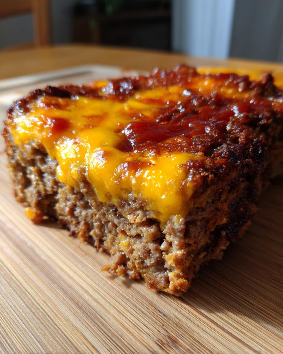 Close-up of a thick slice of meatloaf casserole topped with melted cheddar cheese and ketchup glaze.