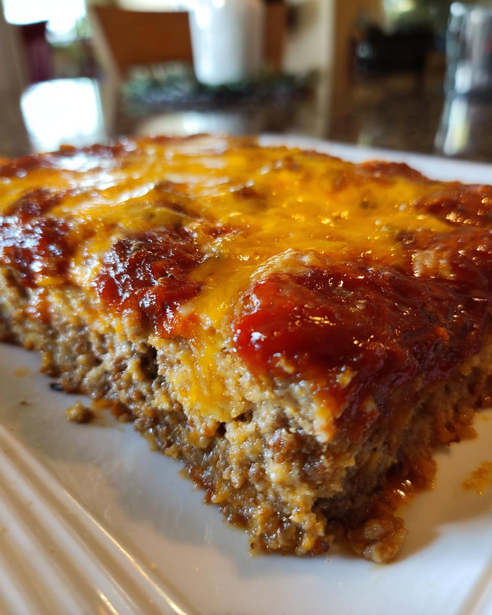 A close-up, side view of a hearty slice of meatloaf casserole topped with melted cheddar cheese and ketchup glaze.