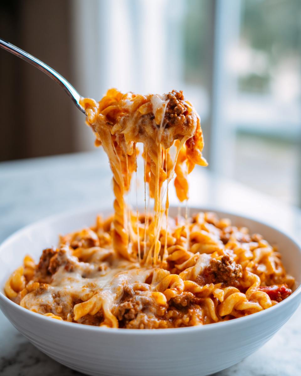 A fork lifting cheesy taco pasta, showing long, dramatic cheese pulls over a bowl of the saucy dish.