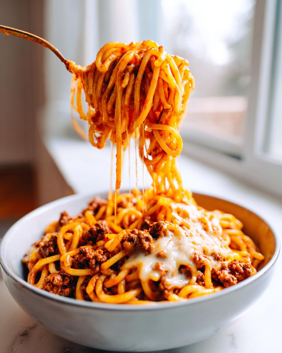 A fork lifts a large swirl of cheesy taco pasta coated in sauce and ground meat from a white bowl.