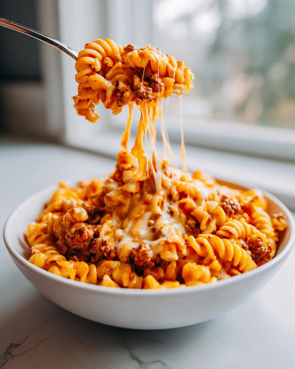 A fork lifts cheesy taco pasta from a bowl, showing long, dramatic cheese pulls.