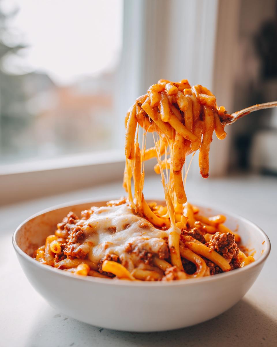 A fork lifting cheesy taco pasta out of a white bowl, showing long, melted cheese strings.
