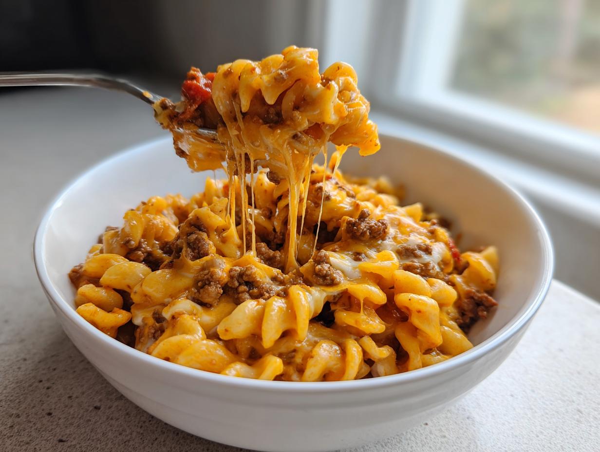 A fork lifts a bite of cheesy taco pasta from a white bowl, showing long, stretchy strings of melted cheese.