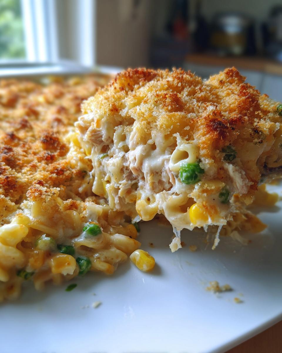 A spoonful of creamy tuna pasta bake with peas and corn, featuring a golden, crispy breadcrumb topping.
