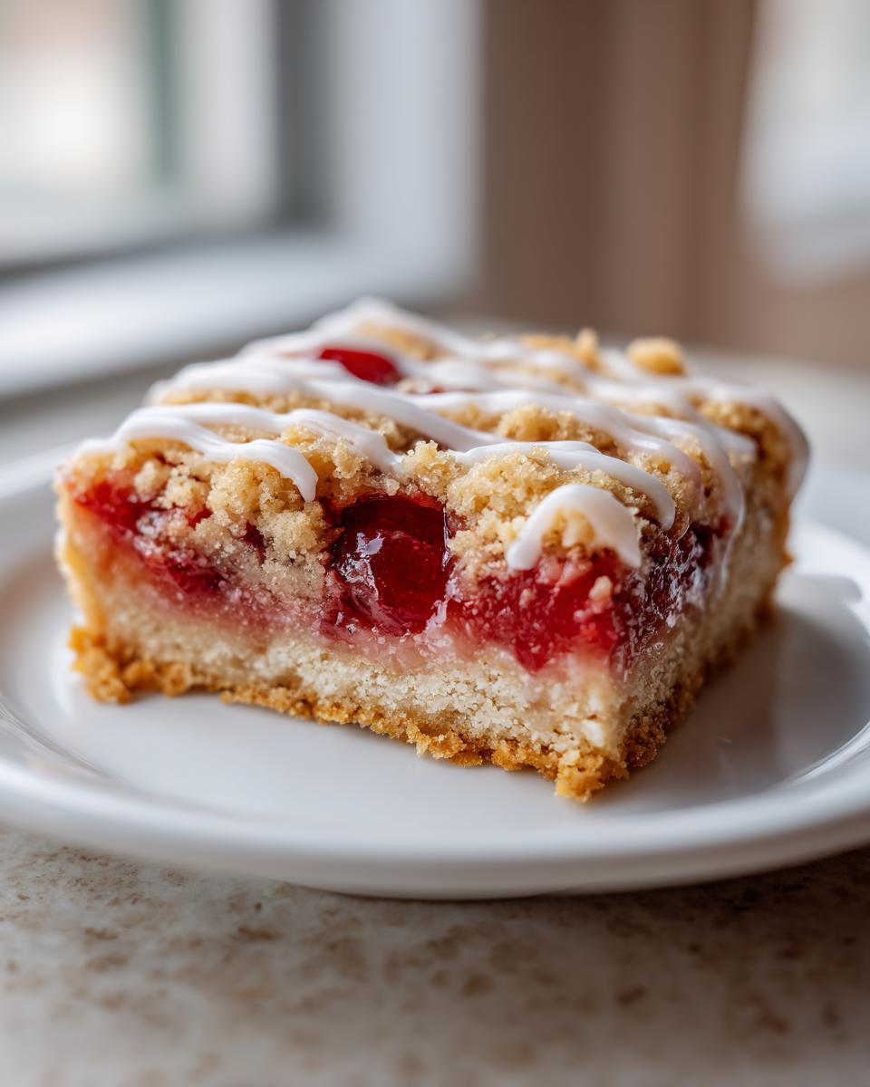Close-up of a single serving of cherry pie bars with a crumb topping and white icing drizzle.