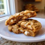 Close-up of chewy macadamia nut cookies, broken open to show white chocolate chips and nuts inside.