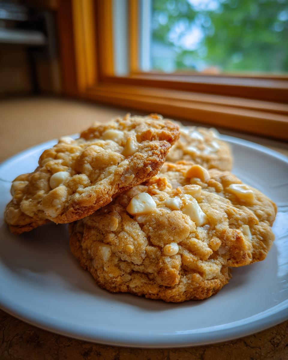 Three golden brown macadamia nut cookies piled on a white plate near a window.