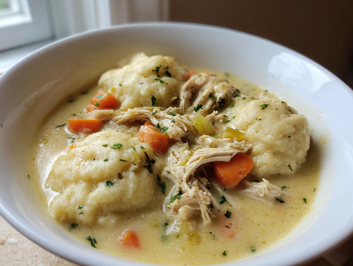 Close-up of a white bowl filled with creamy chicken and dumpling soup, featuring shredded chicken, carrots, and herbs.
