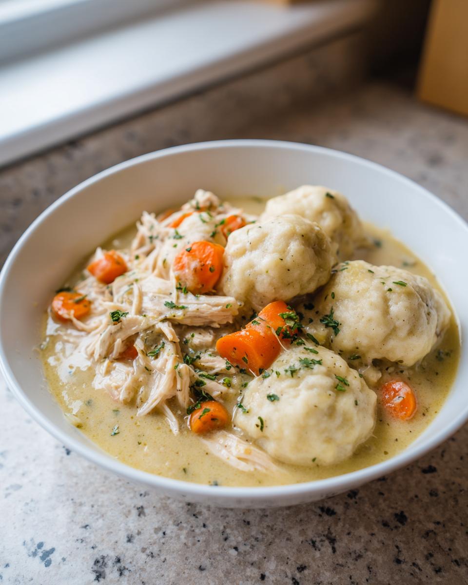 A white bowl filled with creamy chicken and dumpling stew, featuring shredded chicken, carrots, and fluffy dumplings.