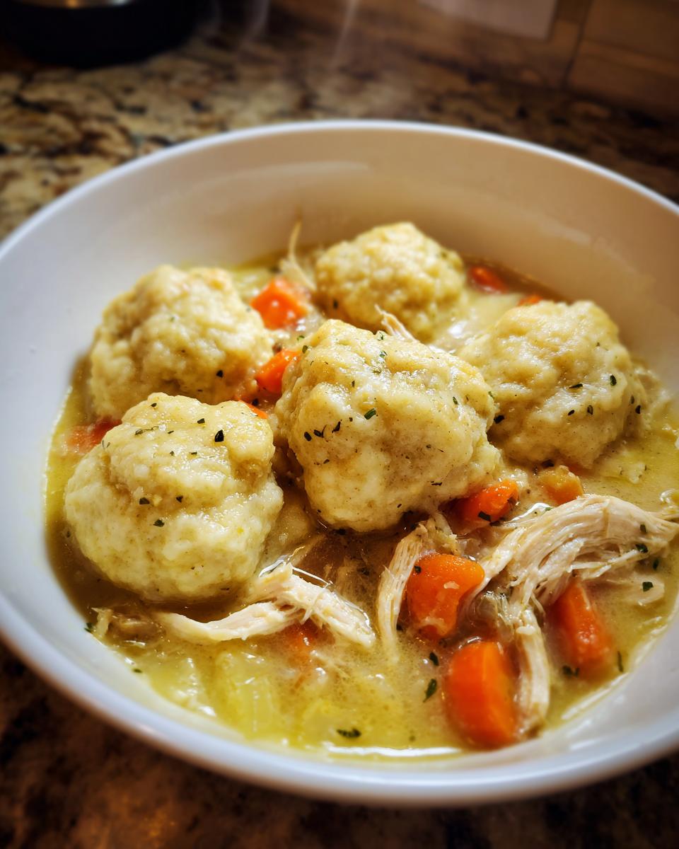 Close-up of a white bowl filled with creamy chicken and dumplings, featuring shredded chicken and bright orange carrots.