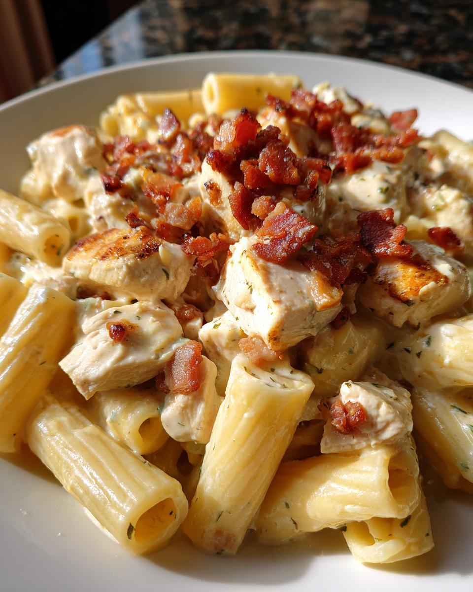 Close-up of creamy chicken bacon ranch pasta featuring chunks of chicken, bacon bits, and rigatoni pasta.