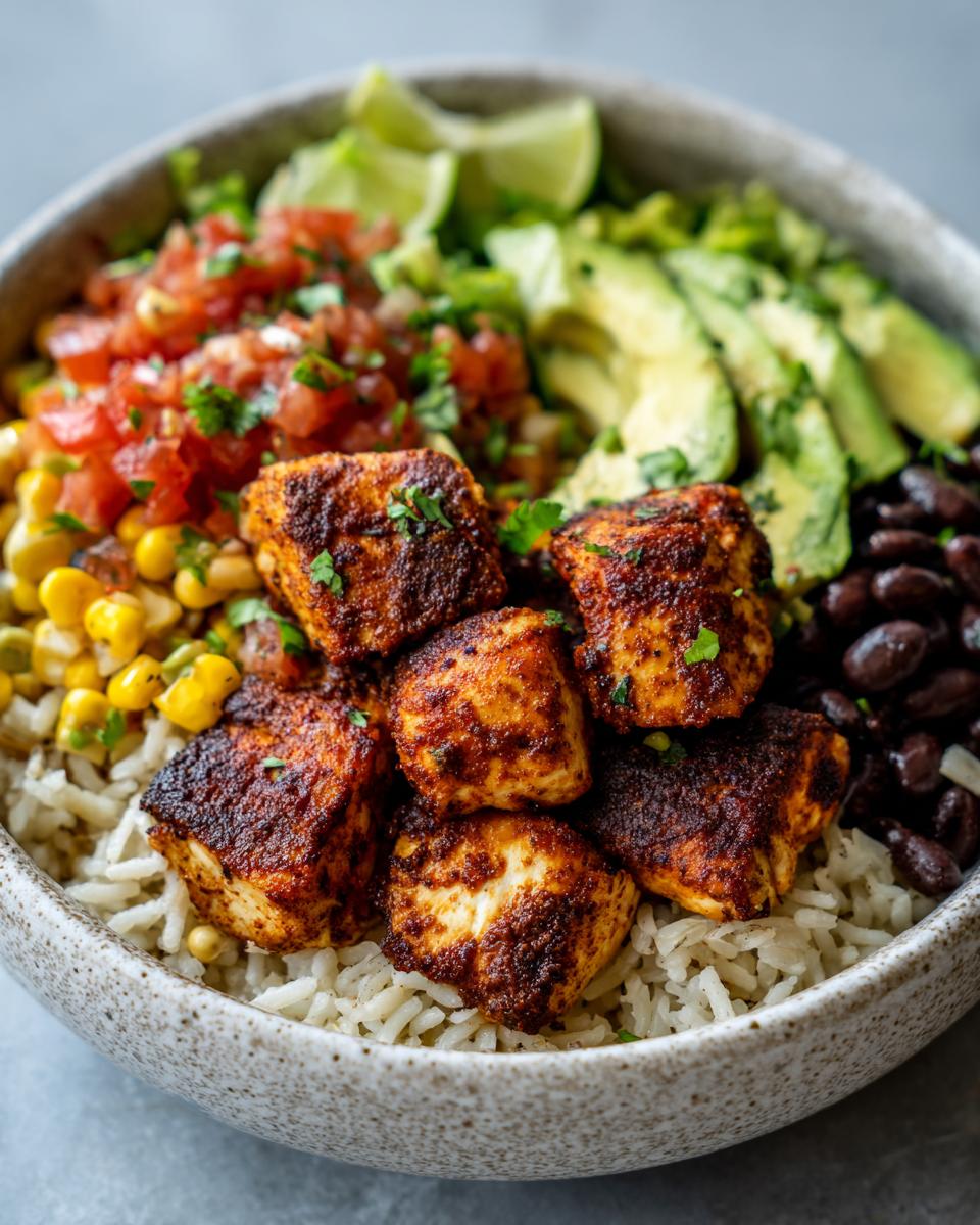 Close-up of a delicious chicken burrito bowl featuring seasoned chicken chunks over rice, black beans, corn, salsa, and avocado.