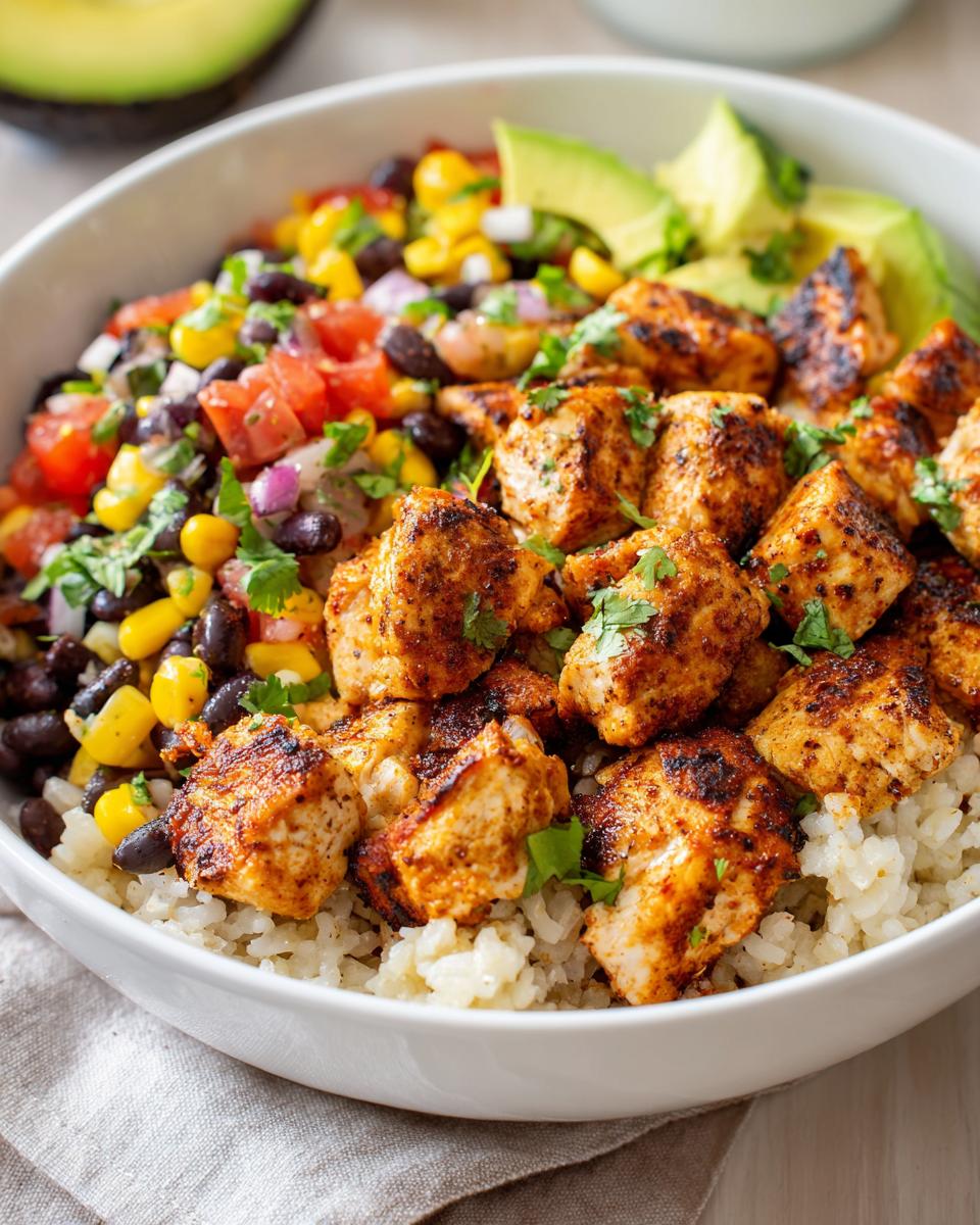 Close-up of seasoned, grilled chicken pieces served over rice in a chicken burrito bowl with black beans, corn salsa, and avocado.