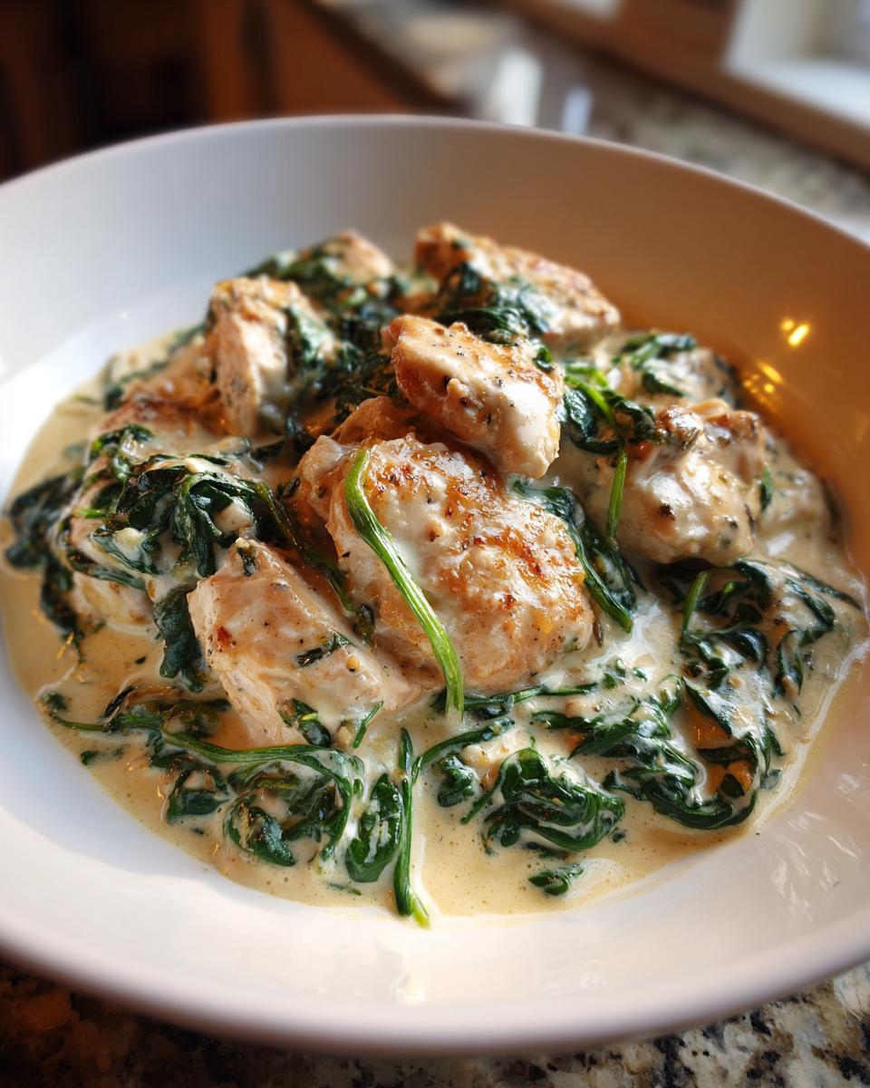 Close-up of pan-seared chicken pieces served with spinach in a rich, creamy sauce, classic chicken florentine.