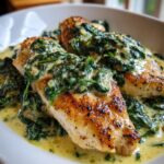 Close-up of perfectly seared chicken florentine breasts covered in creamy spinach sauce.