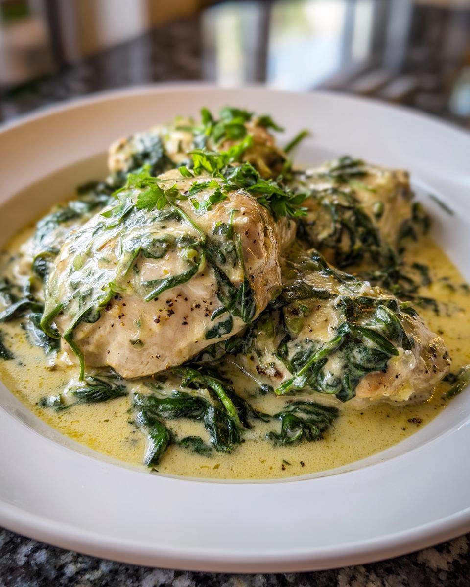 Close-up of three pieces of chicken florentine smothered in creamy spinach sauce, garnished with fresh parsley.