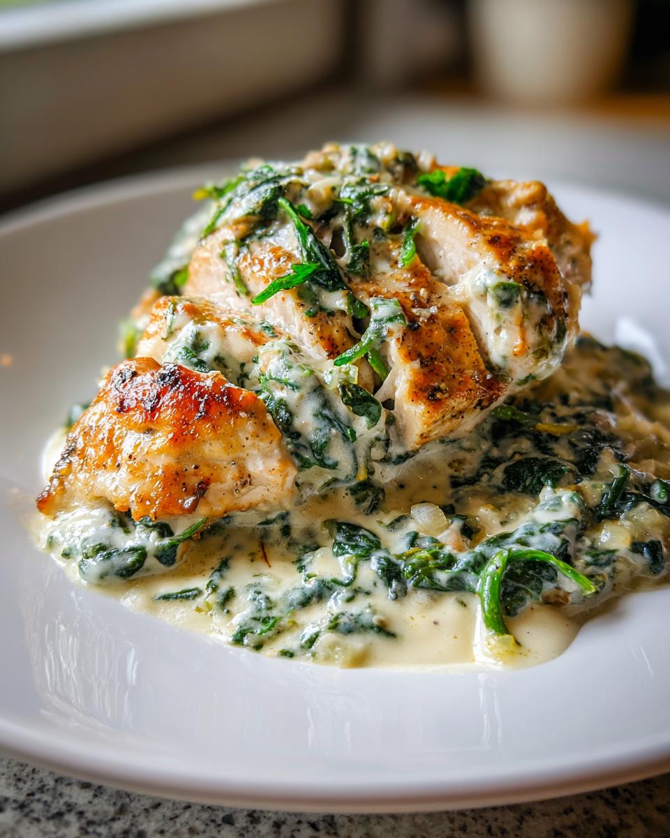 A close-up of sliced, pan-seared chicken florentine covered in a rich, creamy spinach sauce.