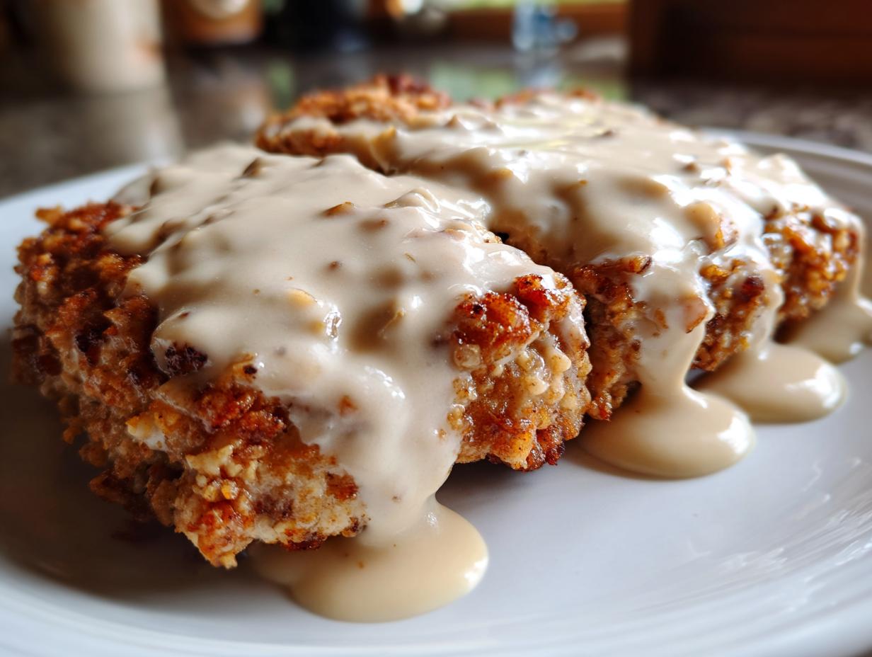Close-up of two servings of crispy chicken fried steak smothered in creamy country gravy.