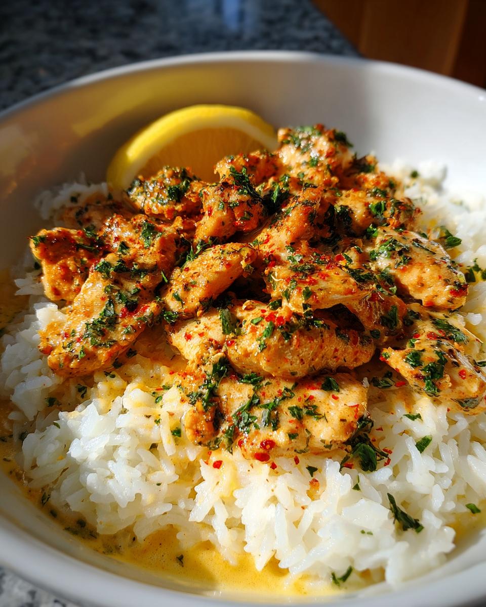 Close-up of chicken scampi pieces seasoned with herbs over garlic parmesan rice, garnished with a lemon slice.