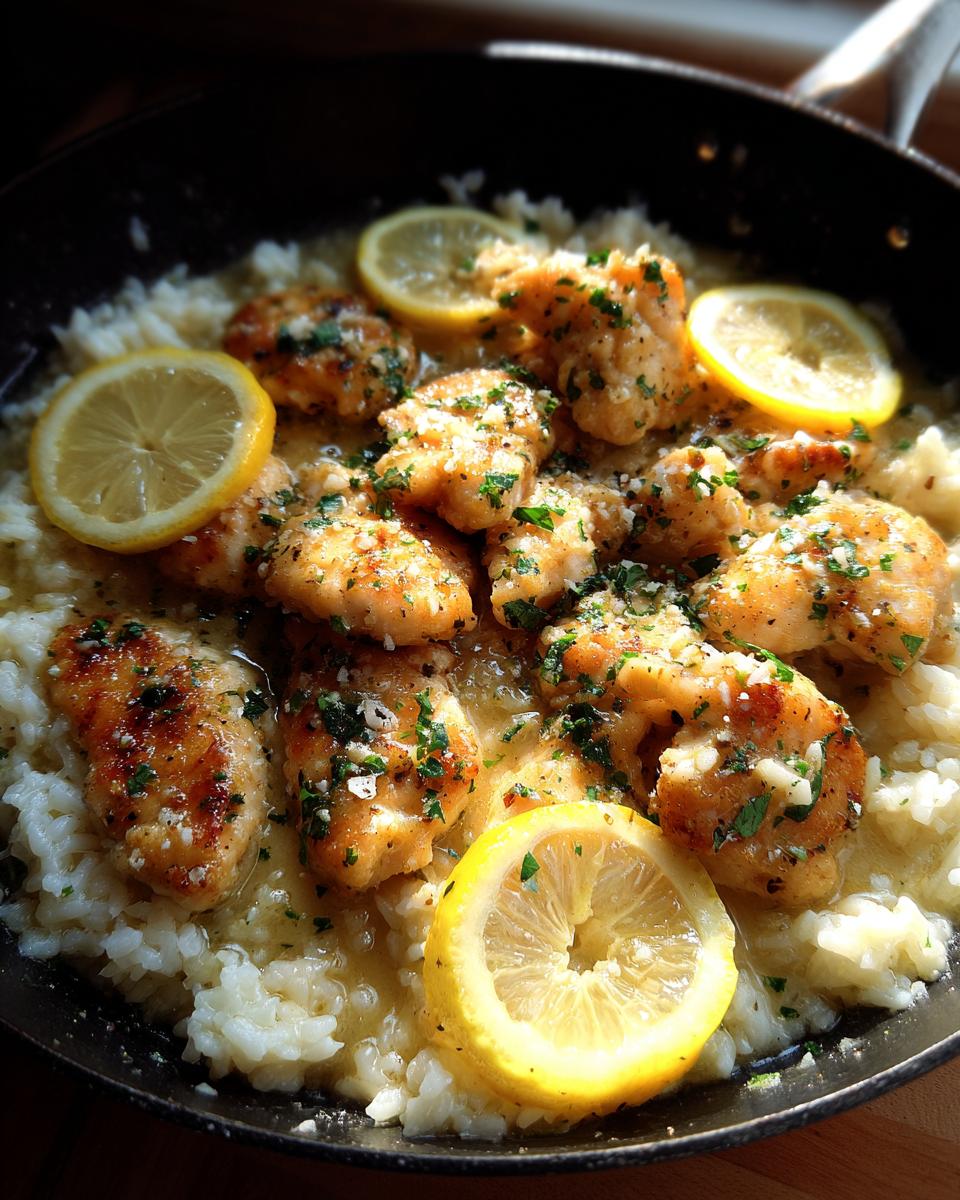 Close-up of golden chicken scampi pieces served over garlic parmesan rice, garnished with lemon slices.