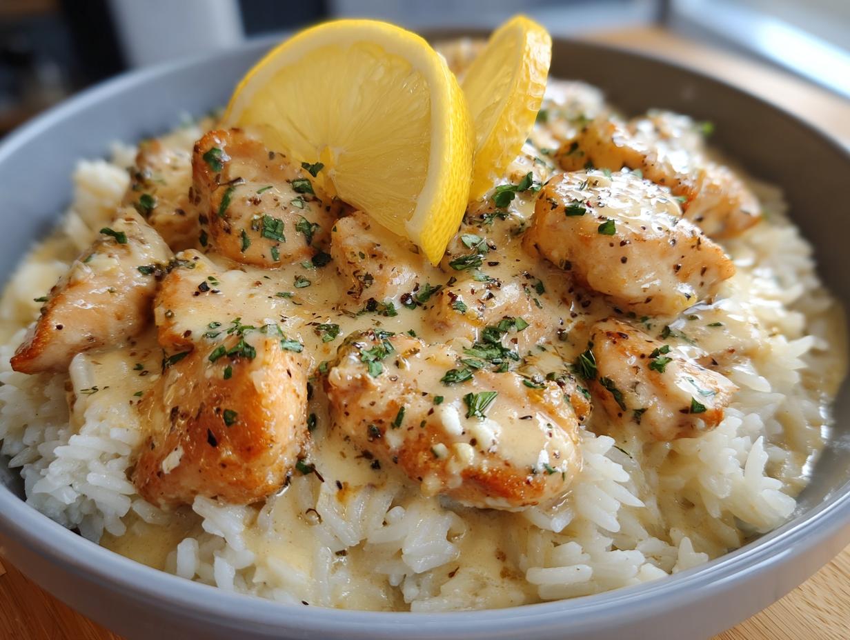 Close-up of chicken scampi served over garlic parmesan rice, garnished with lemon slices.