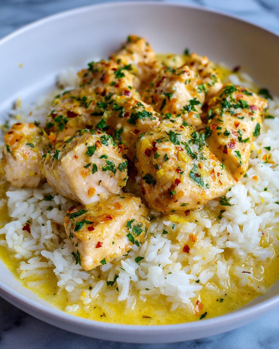 Close-up of bite-sized chicken scampi pieces served over white rice in a creamy sauce.