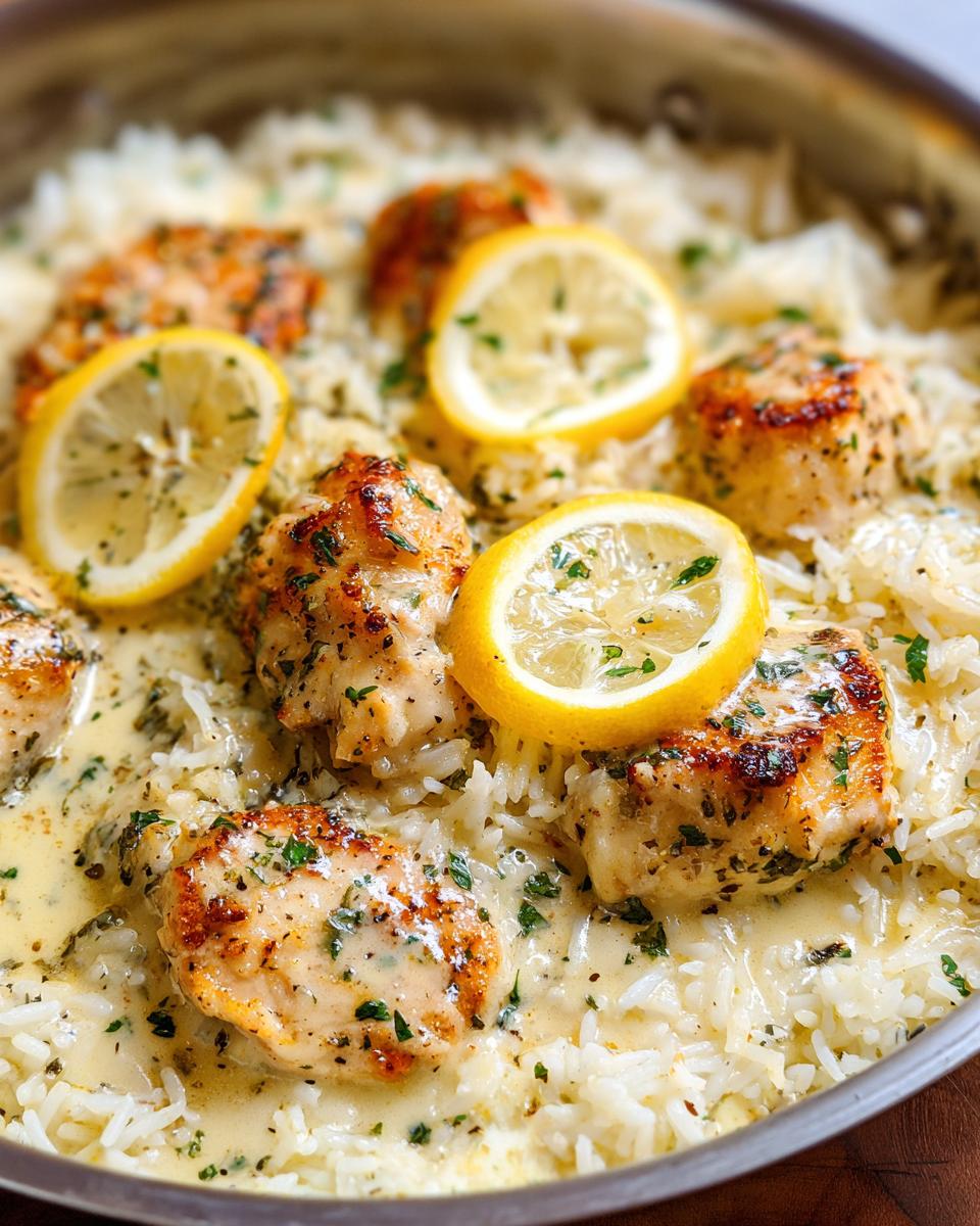 Close-up of pan-seared chicken scampi served over creamy garlic parmesan rice, garnished with lemon slices.