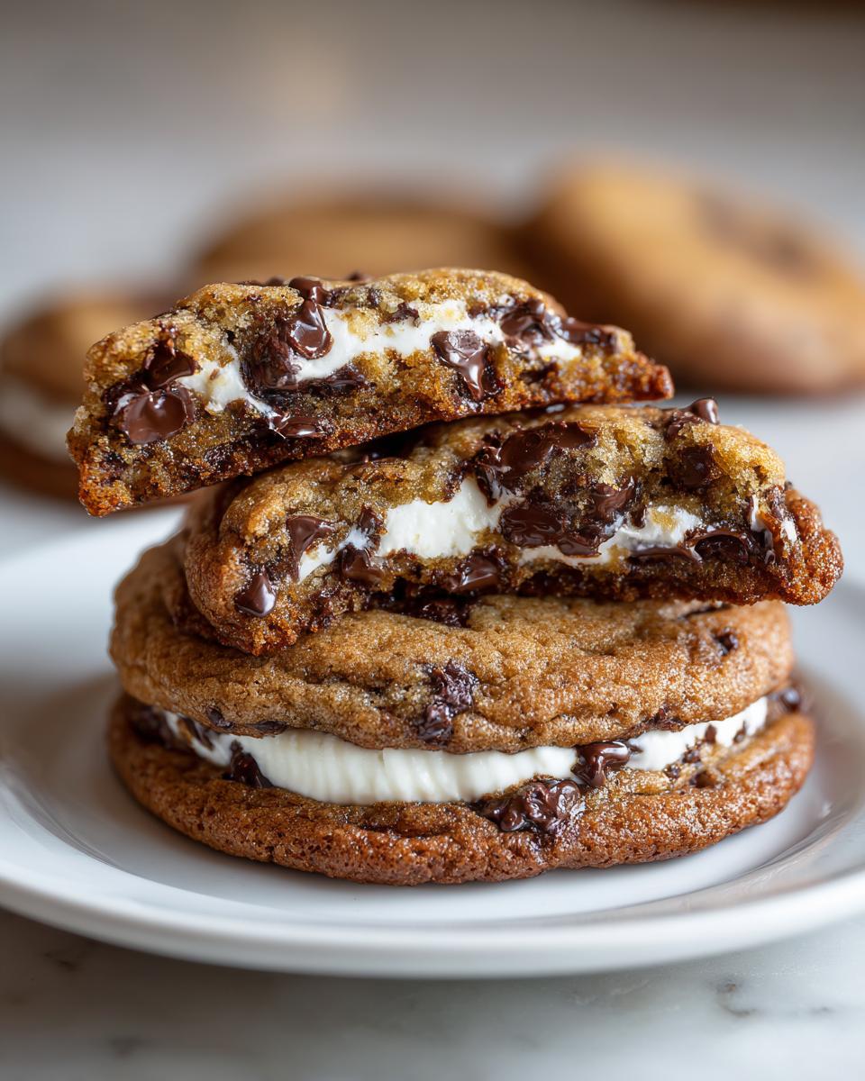 A stack of two chocolate chip cheesecake cookies, one cut in half to show the creamy filling.