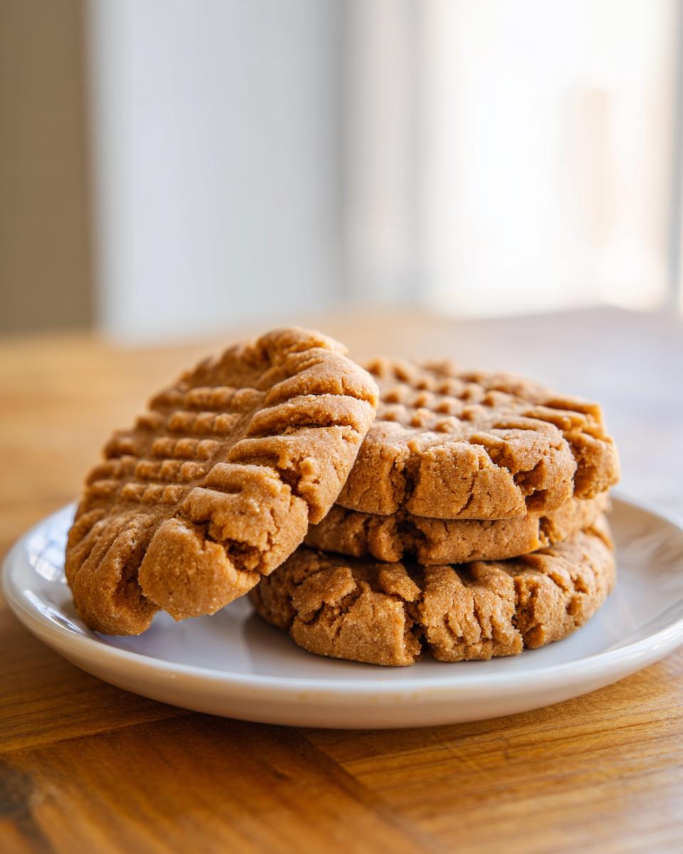 A stack of four classic peanut butter cookies featuring the traditional crisscross fork marks.