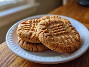 A stack of three classic peanut butter cookies with the signature criss-cross fork marks, resting on a white plate.